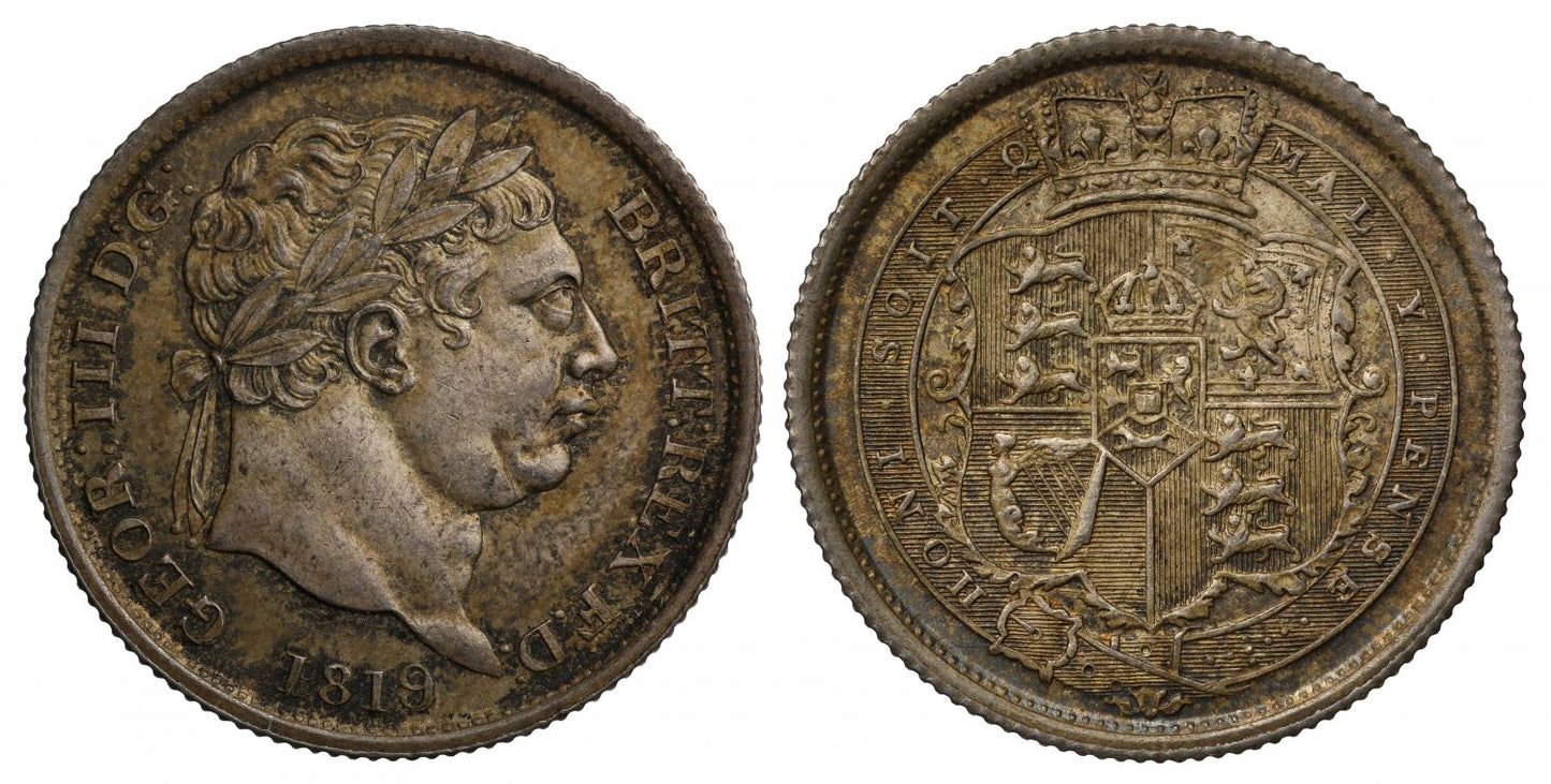 George III 1819 Shilling 9 over 8, rare overdate, penultimate year, MS64