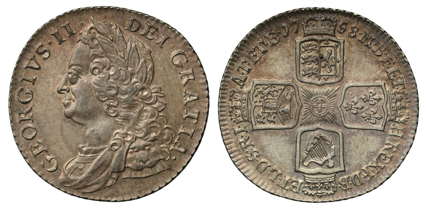George II 1758 Shilling, older bust, last year for this reign of the Shilling