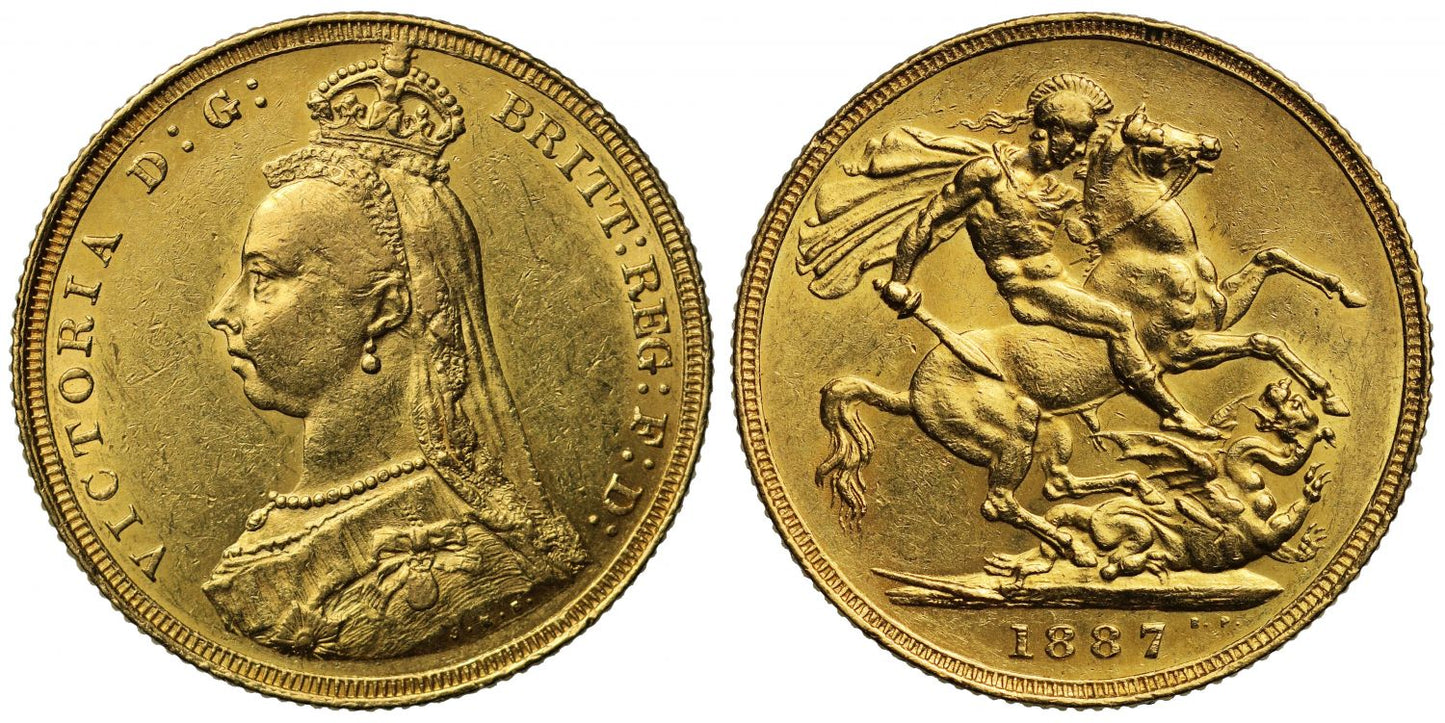 Sovereign 1887 London, hooked J, JEB wide apart (DISH L3)
