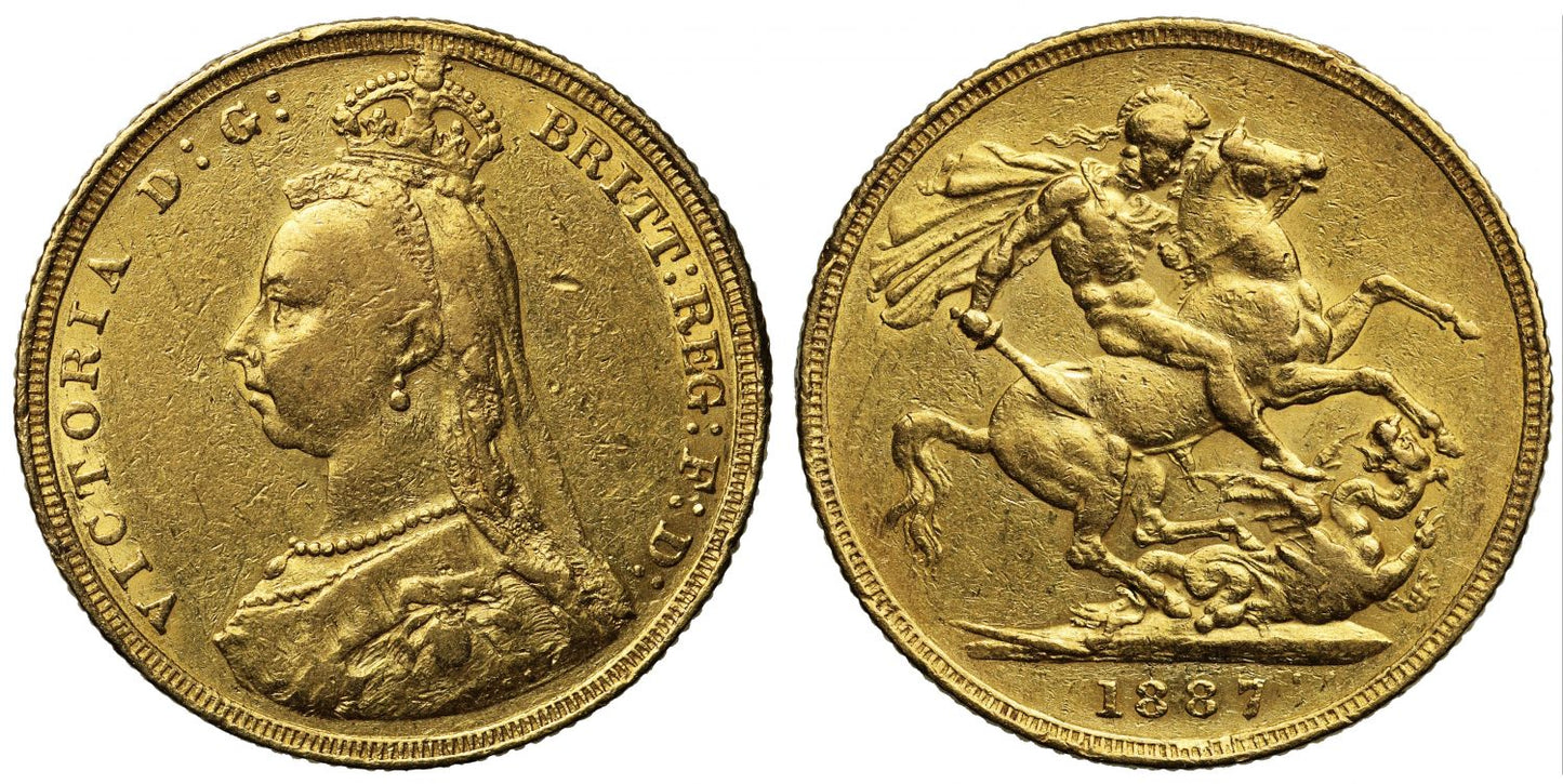 Sovereign 1887 London, hooked J, JEB close together (DISH L4)