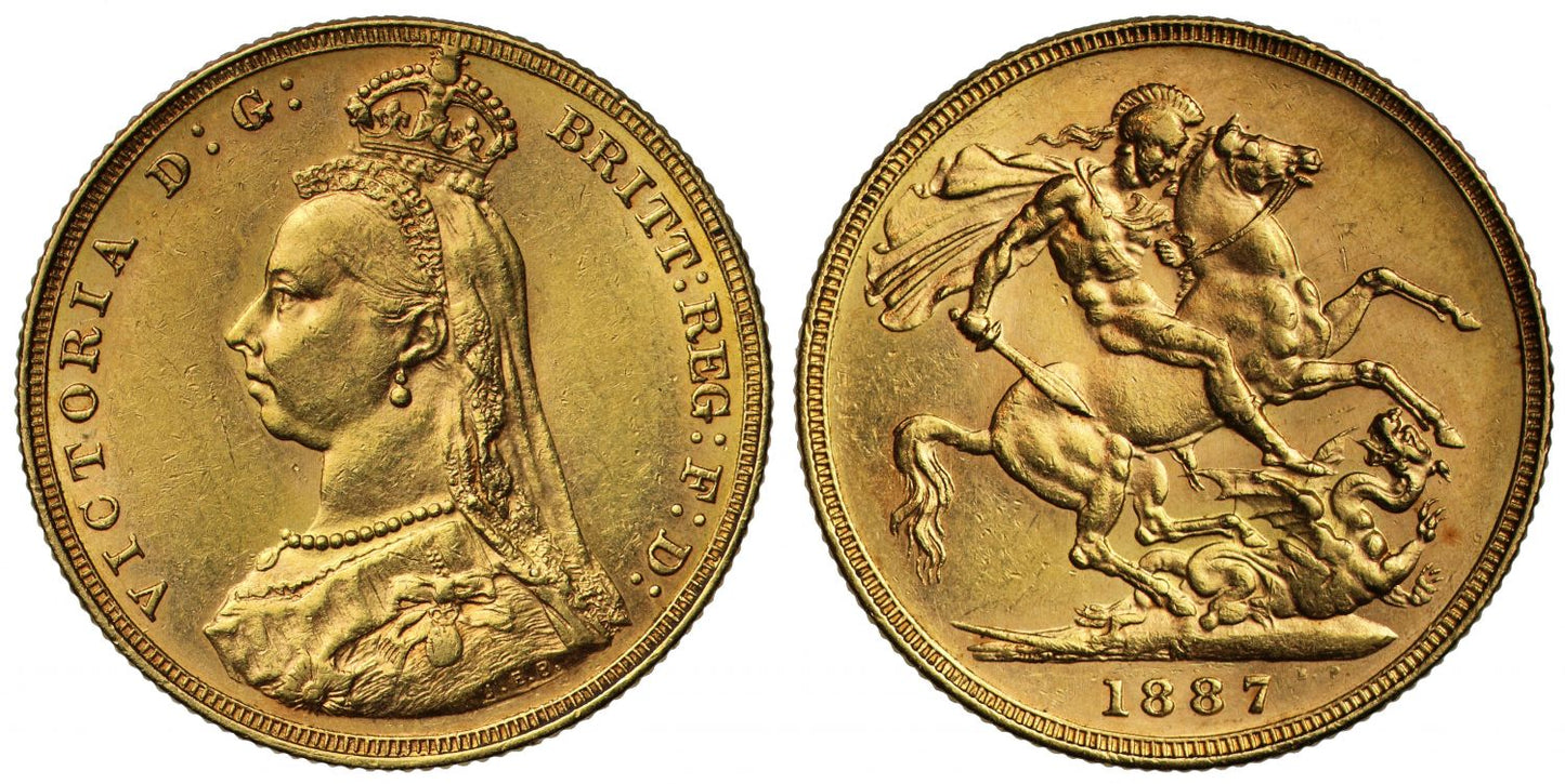 Sovereign 1887 Melbourne, first legend, angled J (DISH M7)