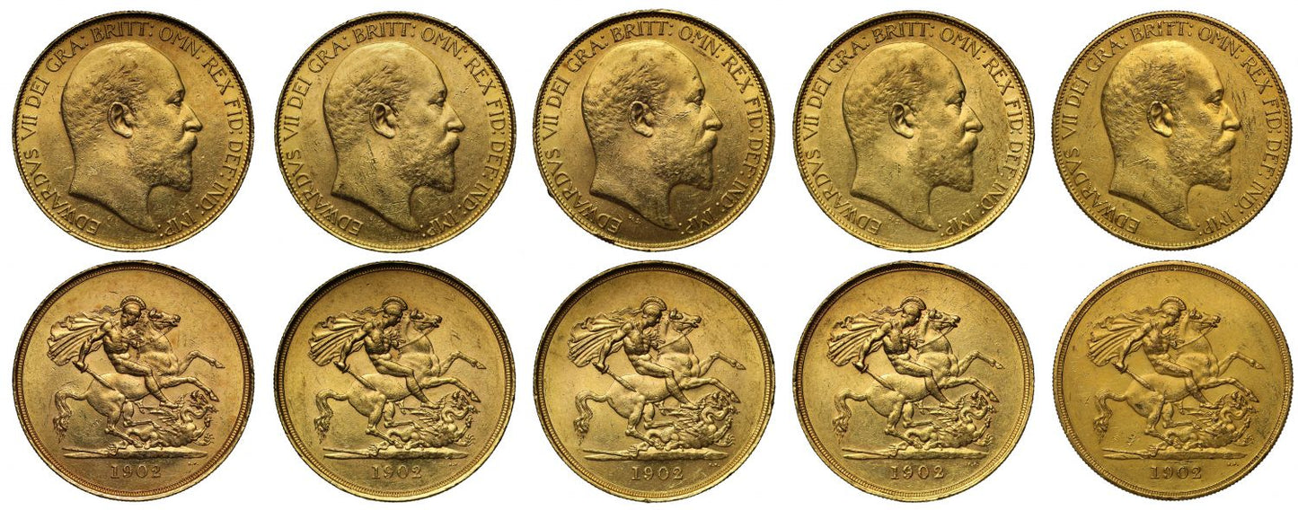 A group of Five, Edward VII 1902 gold Five-Pounds