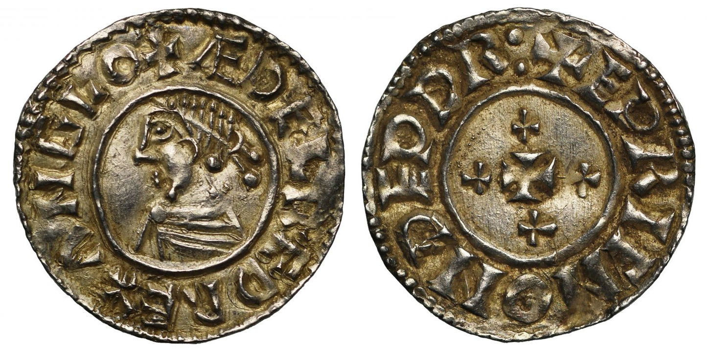 Aethelred II Penny, Last small cross type, Thetford, Eadric, 4 cross variety, ex Cambridge Hoard