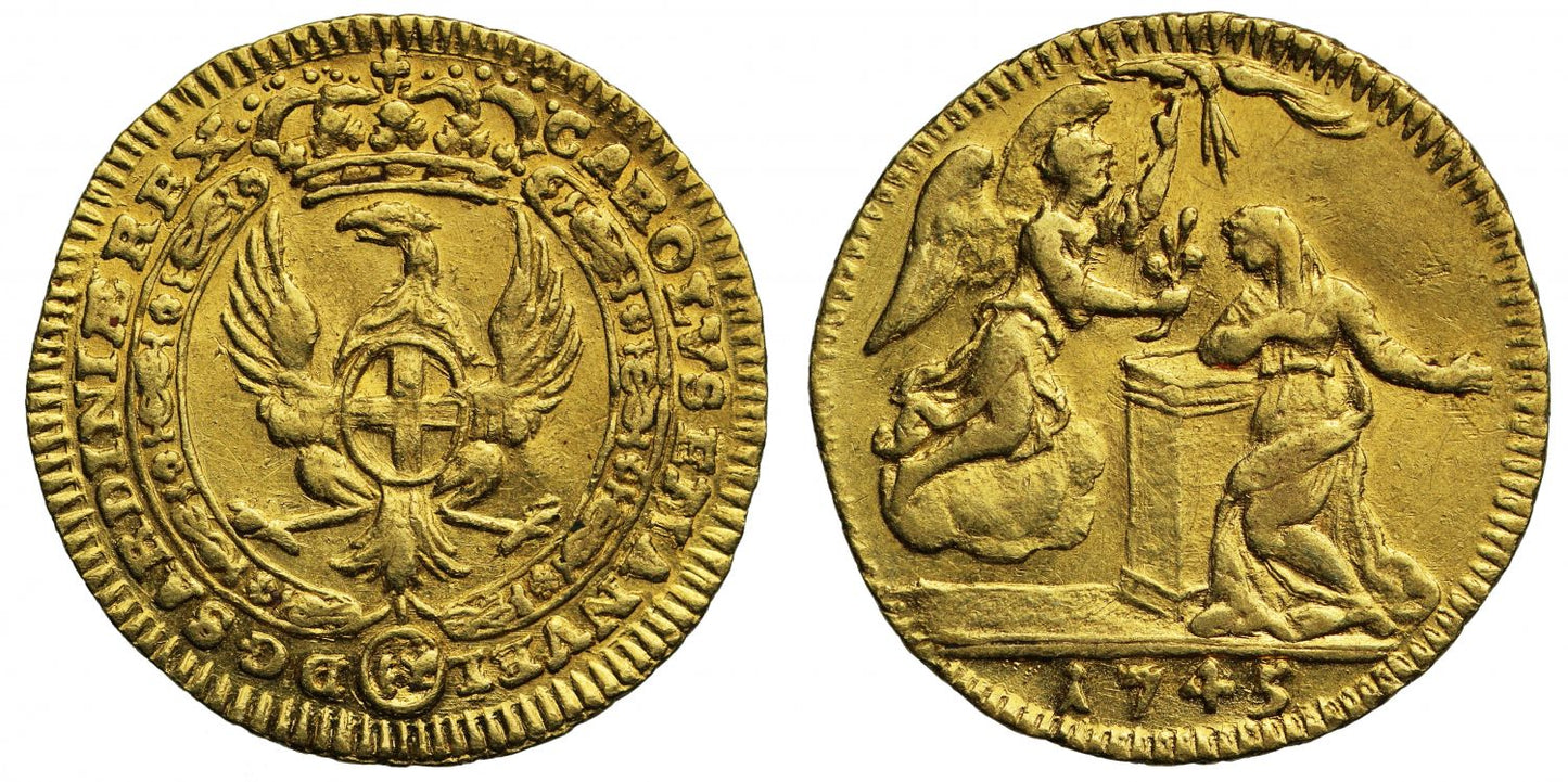Italy, Carlo Emanuele III 1745 ½-Zecchino AU55