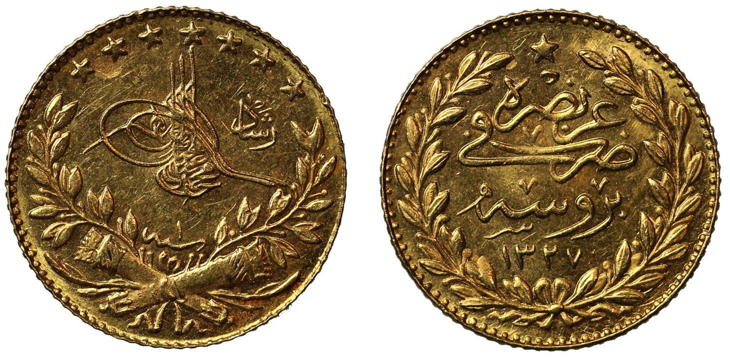 Ottoman Empire, Gold 25-Kurush, AH 1327//1, Bursa visit.