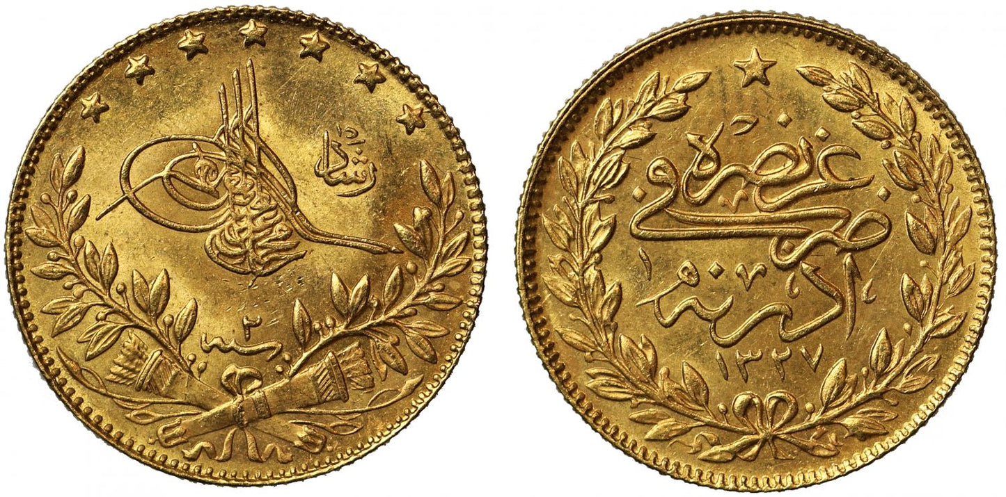 Ottoman Empire, Gold 50-Kurush, AH 1327//3, Edirne visit.