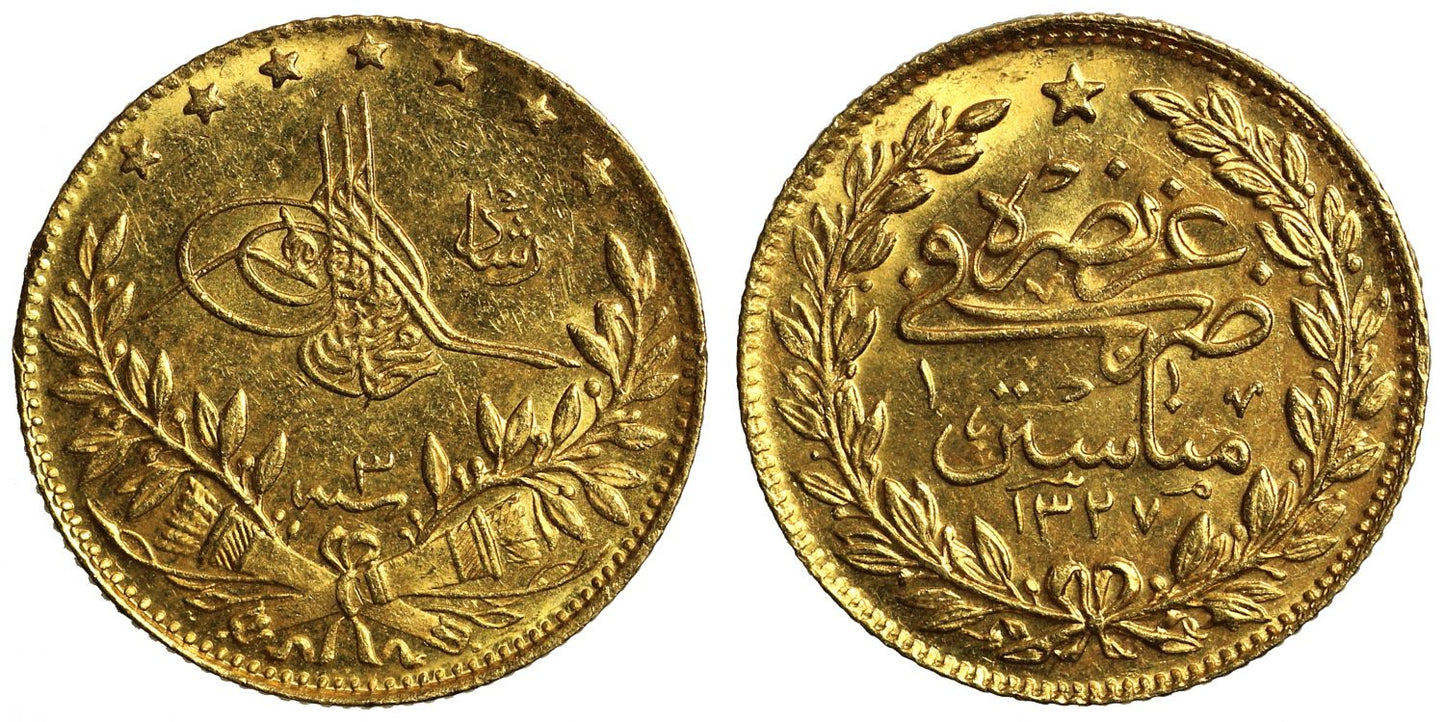Ottoman Empire, Gold 50-Kurush, AH 1327//3, Manastir visit.