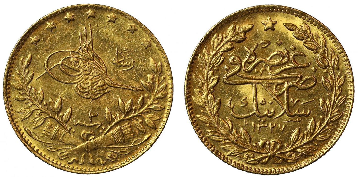 Ottoman Empire, Gold 50-Kurush, AH 1327//3, Salonika visit.