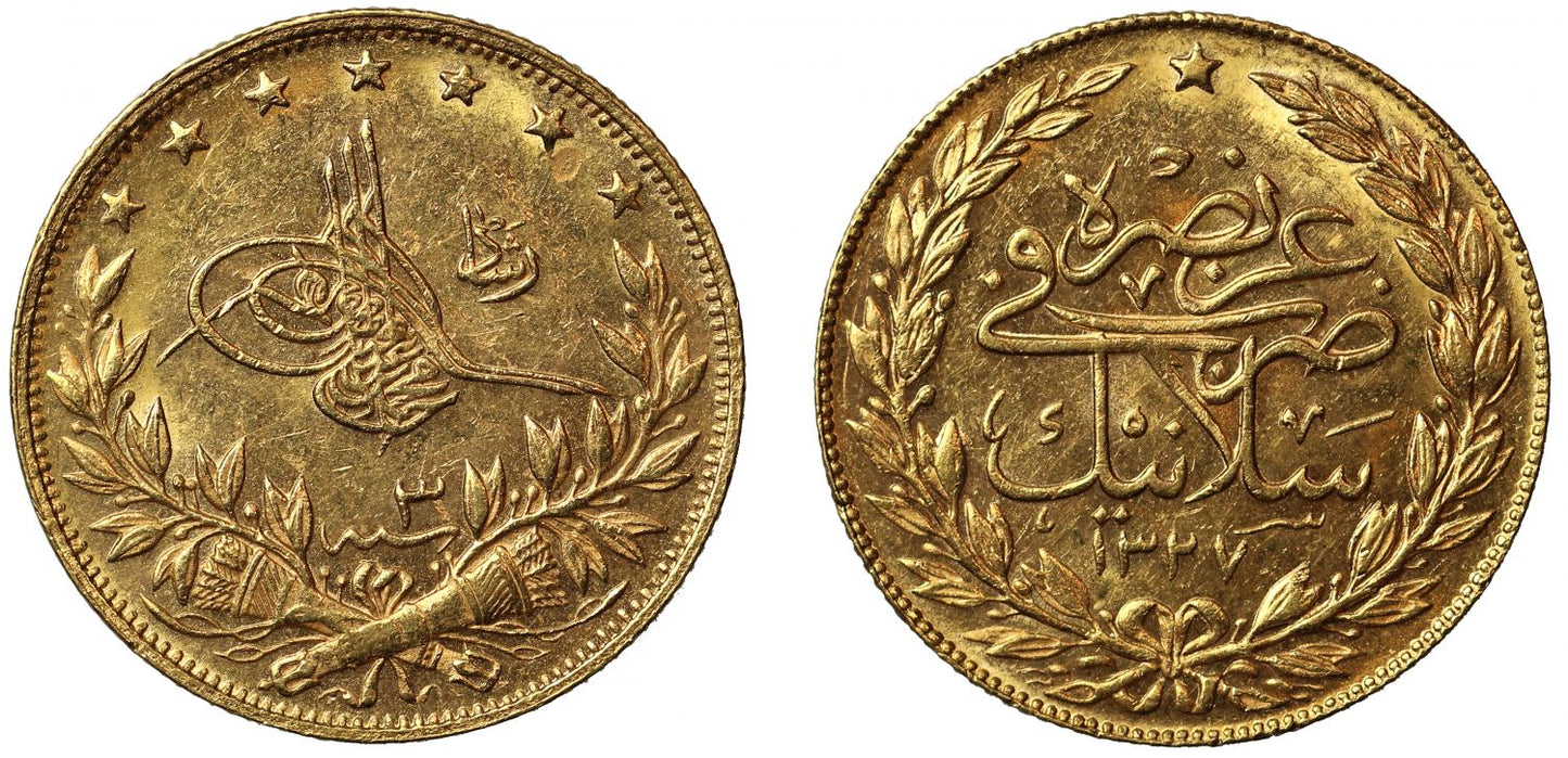 Ottoman Empire, Gold 100-Kurush, AH 1327//3, Salonika visit.