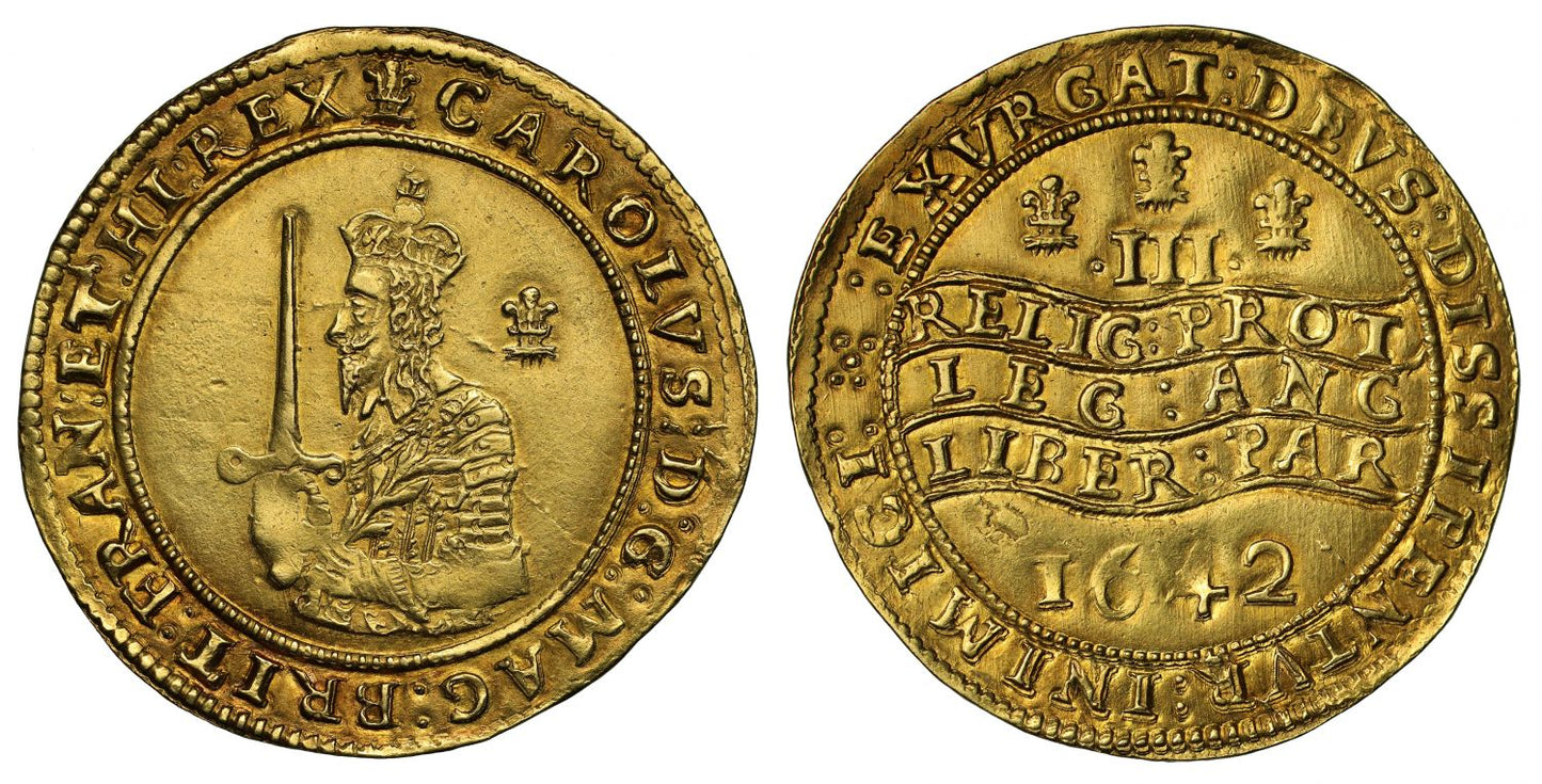 Charles I 1642 Triple Unite of Three Pounds Oxford, dies III/S2, AU58