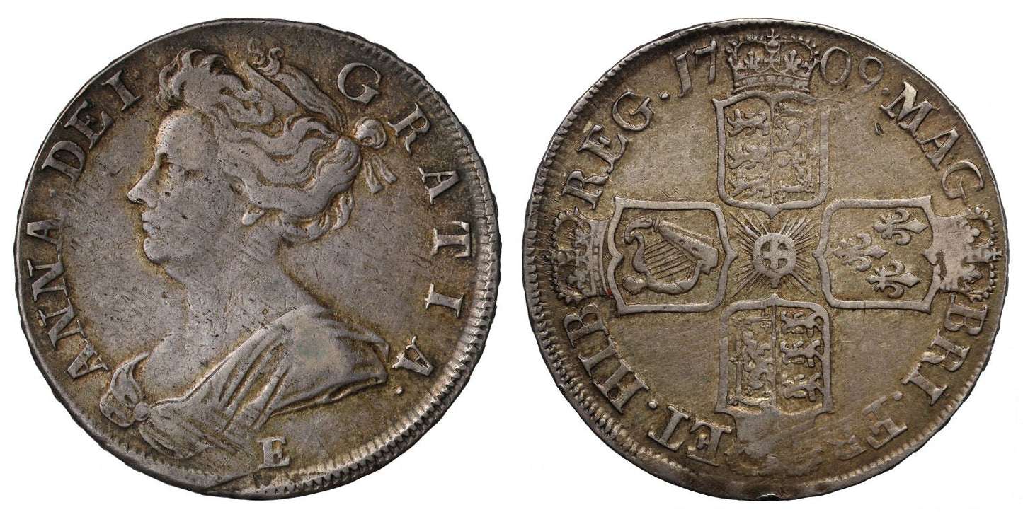 Anne 1709 E Halfcrown, Edinburgh Mint Scotland, OCTAVO edge year