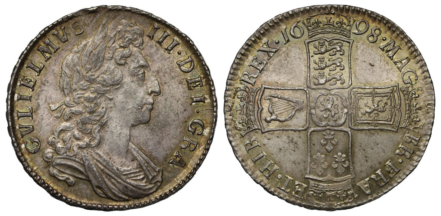 William III 1698 Halfcrown first bust, DECIMO edge year, MS63