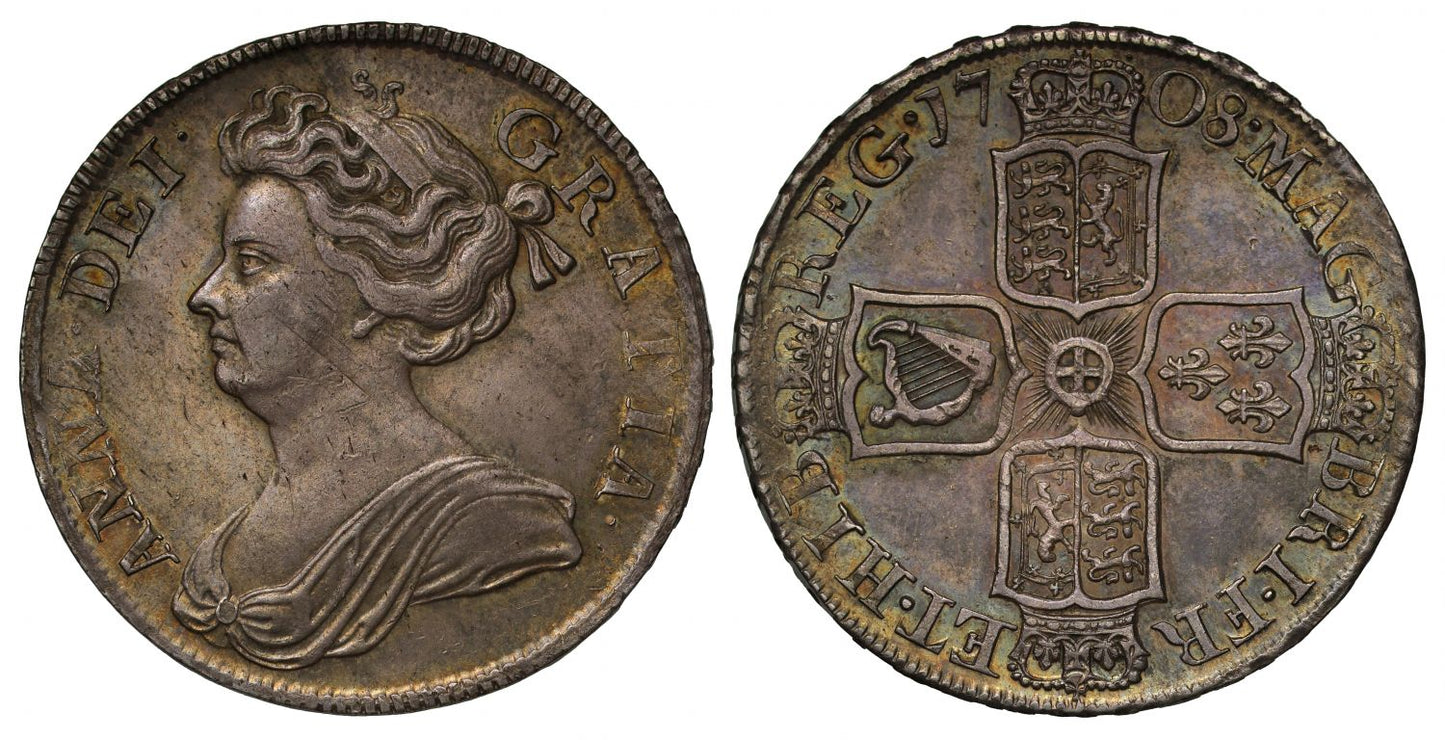Anne 1708 Halfcrown, 2nd bust, edge SEPTIMO, ex Adams