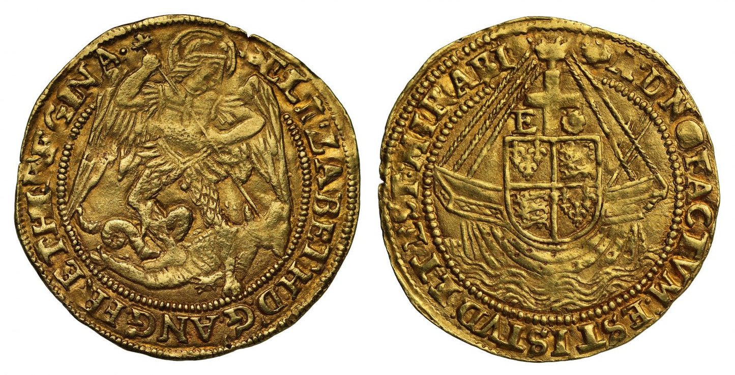 Elizabeth I fine gold Angel, mm hand over crescent