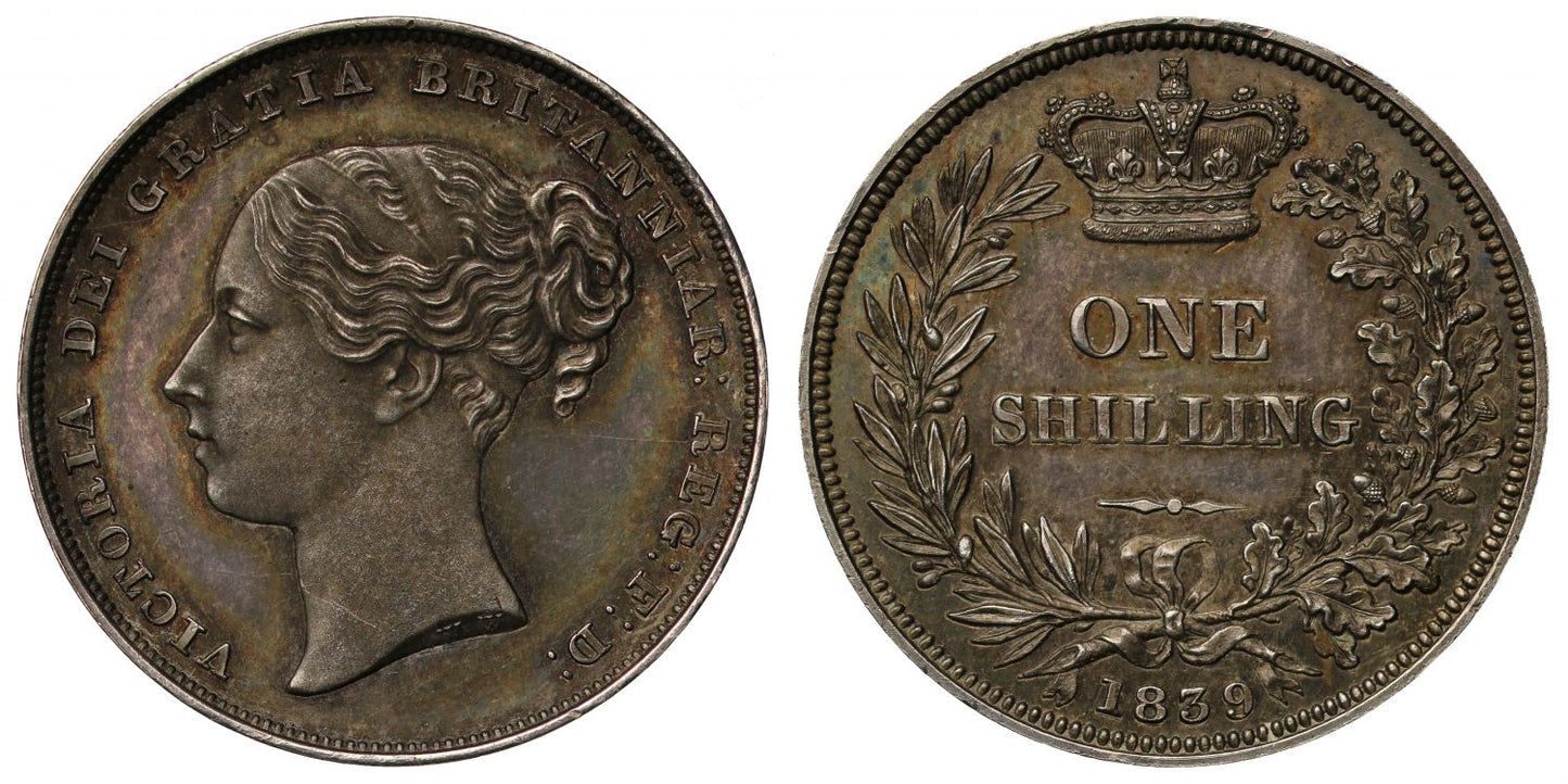 Victoria 1839 proof Shilling, 2nd head with WW, as issued in proof set