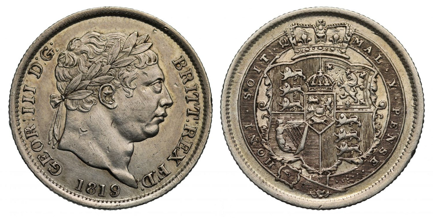 George III 1819 Shilling, 9 struck over 8