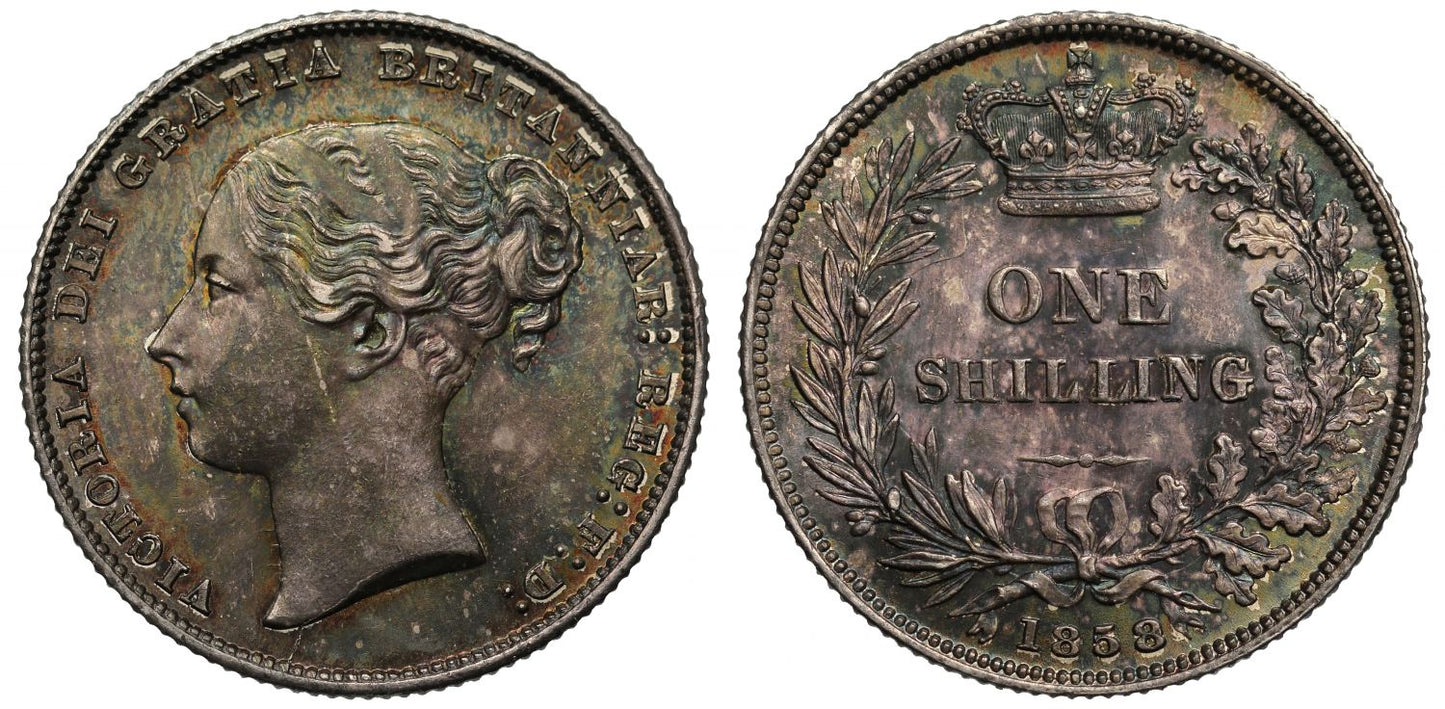 Victoria 1858 Shilling, 8 over 9 Davies dies 4+A, second young head