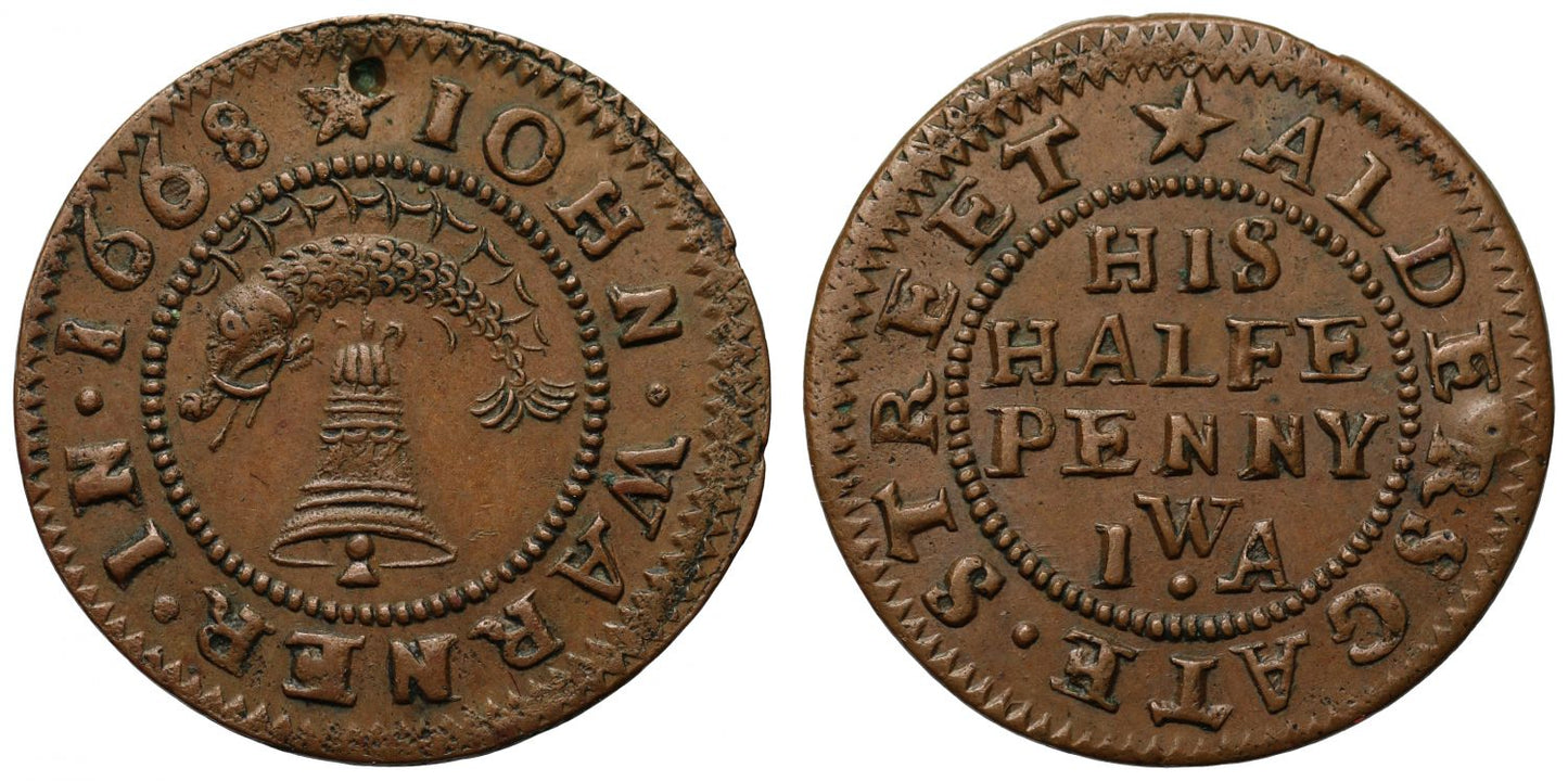 London Aldersgate Street, John Warner Halfpenny Token, 1668, dolphin & bell
