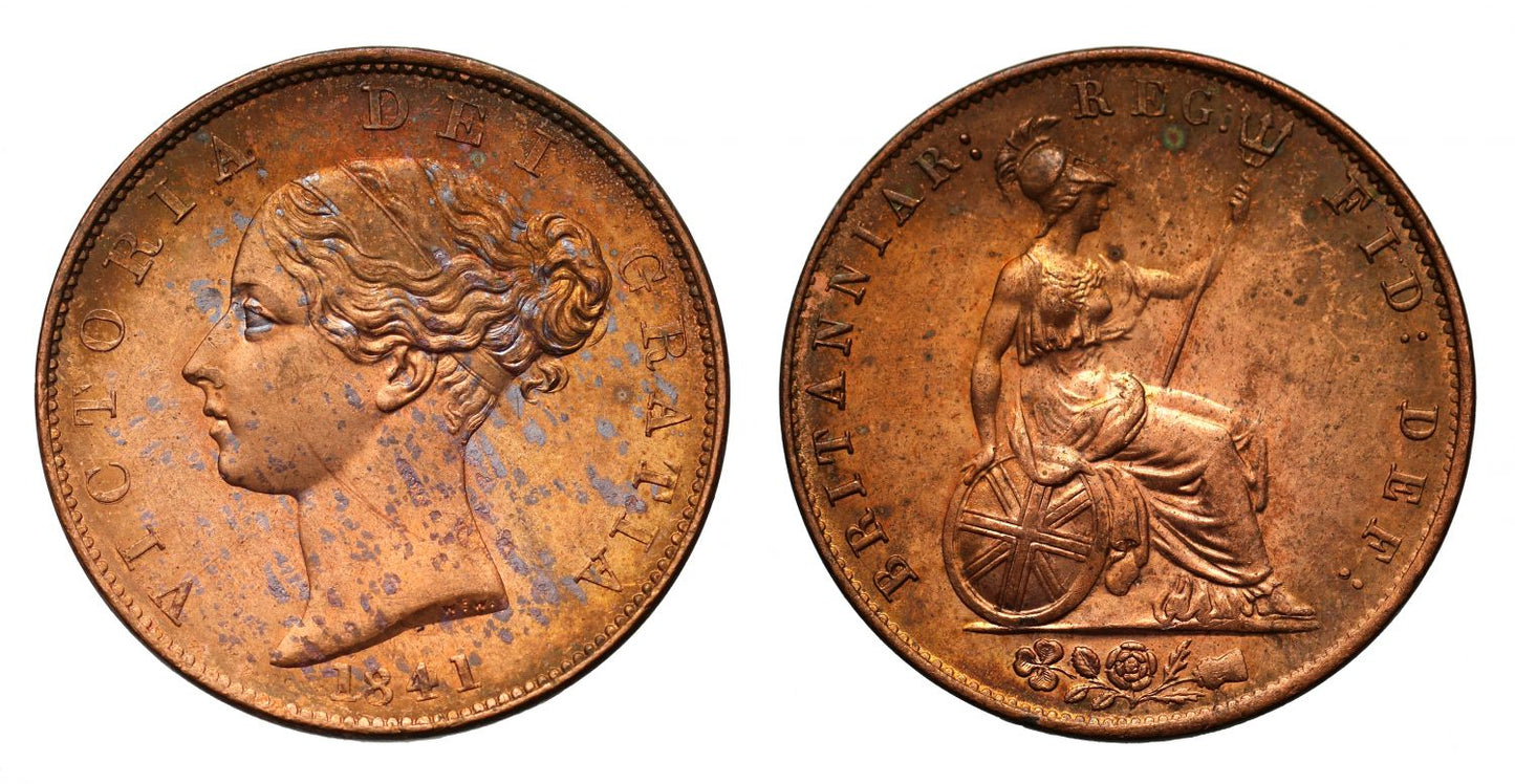 Victoria 1841 Halfpenny, second year of currency issue for reign, MS63 RB