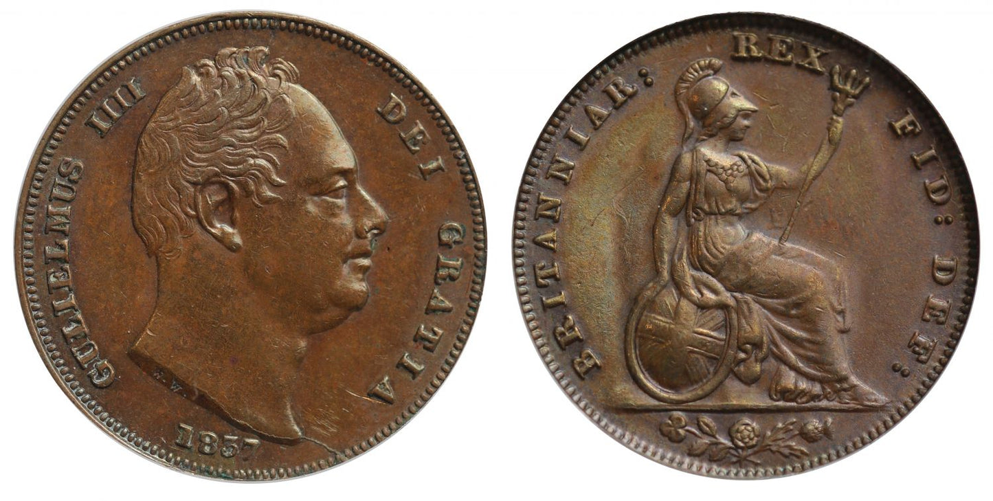 William IV 1837 copper Farthing, CGS 60, second reverse, ex Finchampstead
