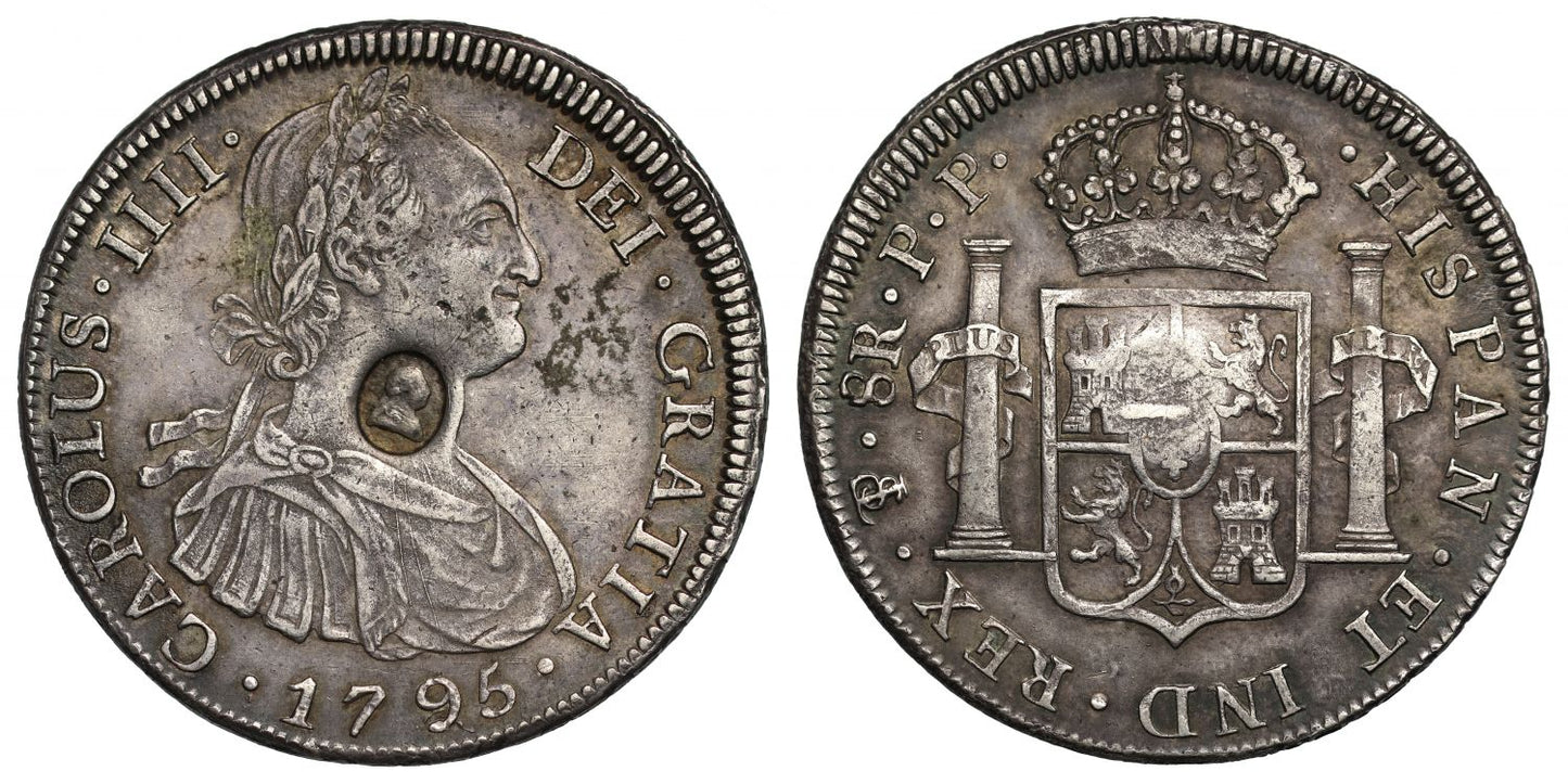 George III oval countermark on Bolivia 1795 PP 8-Reales, Potosi mint