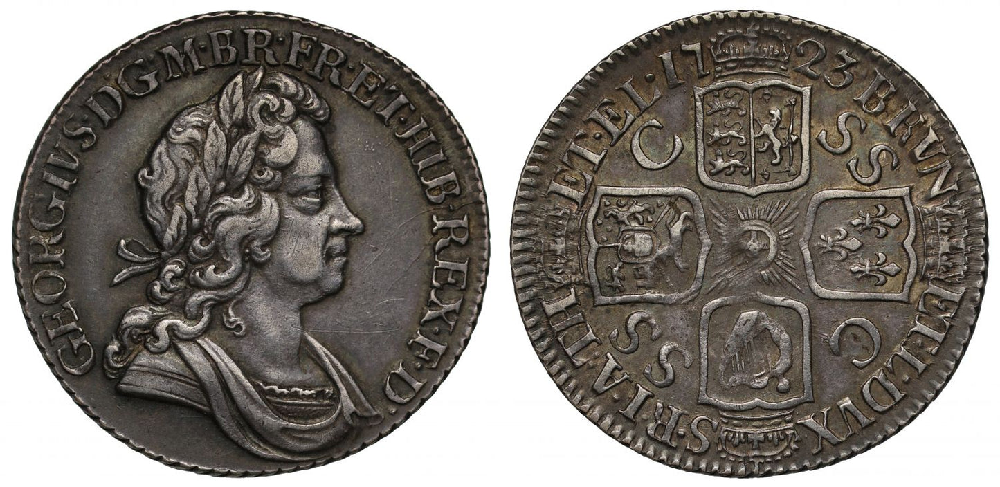 George I 1723 SSC Shilling, second bust with loop tie to rear of head