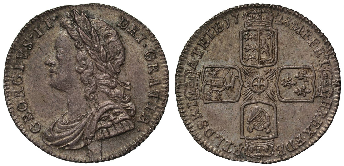 George II 1728 Sixpence, young head, plain reverse