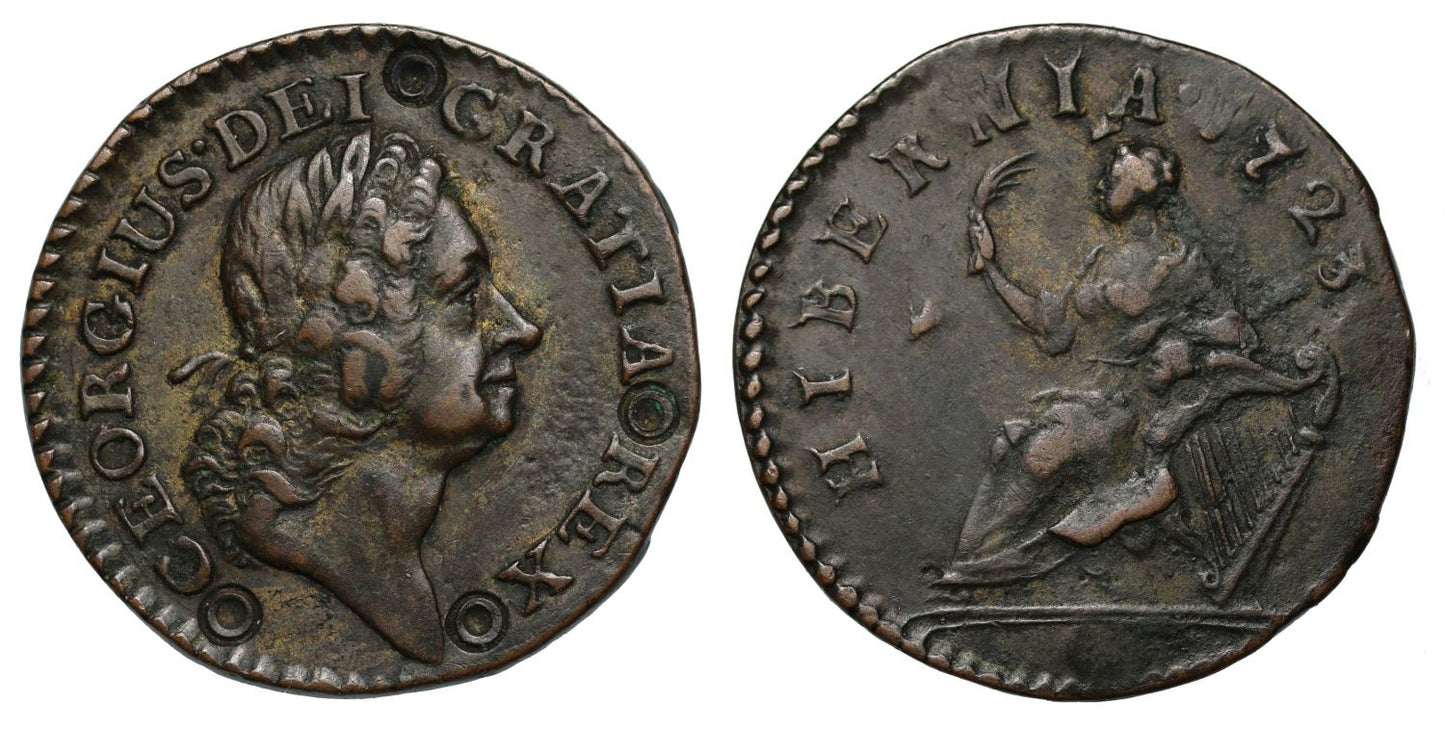 Ireland, George I William Wood's coinage, 1723 copper Farthing, type III