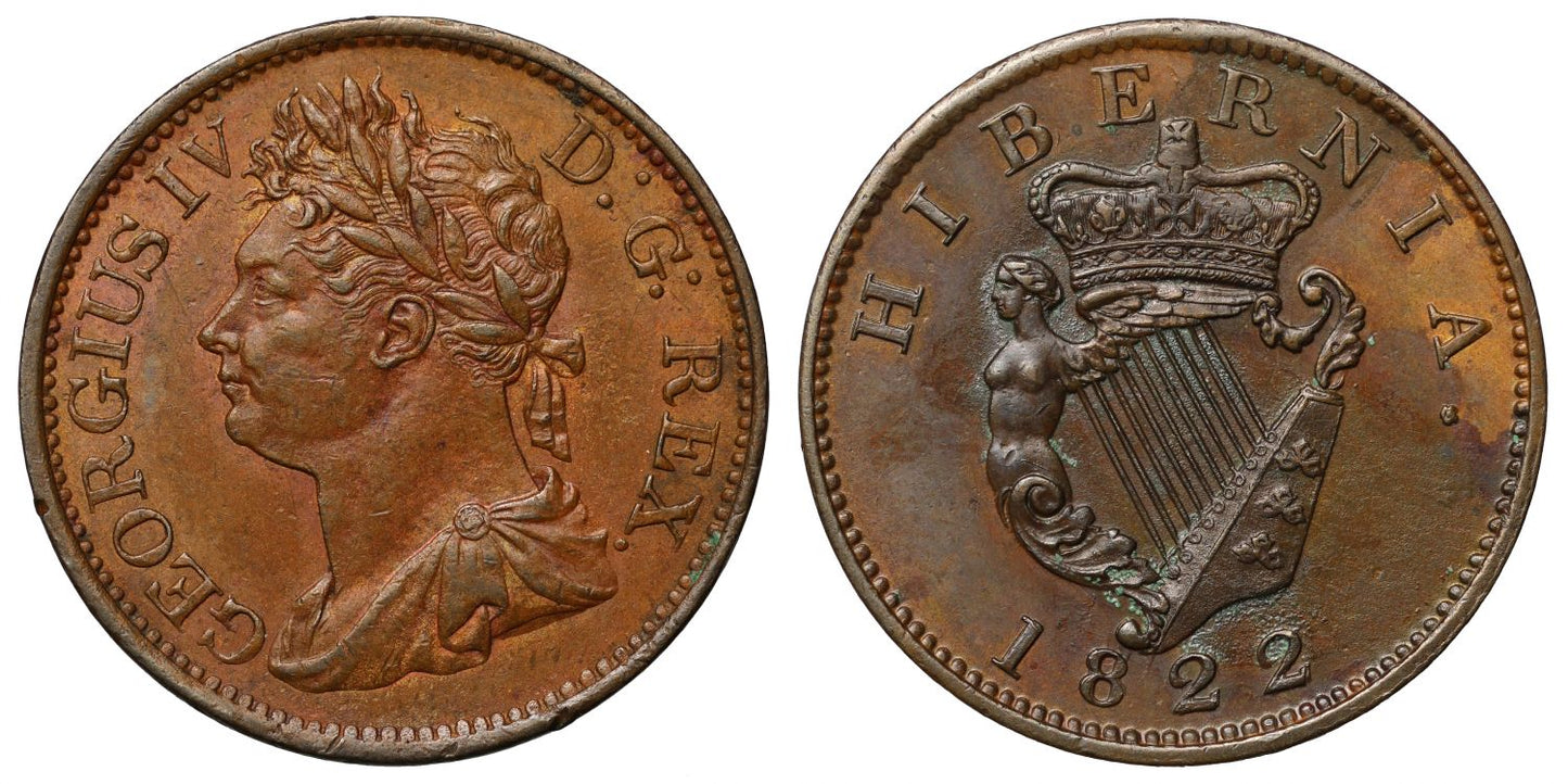 Ireland, George IV 1822 copper Halfpenny AU DETAILS