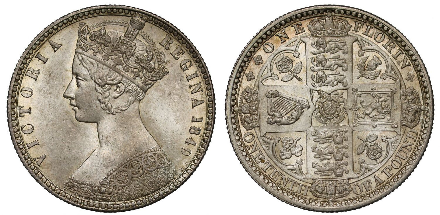Victoria 1849 silver Florin, Godless type