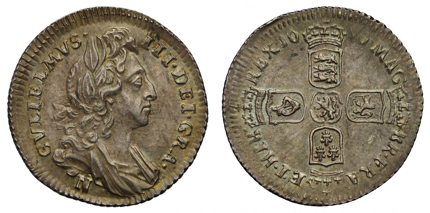 William III 1696-N Sixpence, Norwich 1st bust, large crowns, early harp, ex Gietzelt