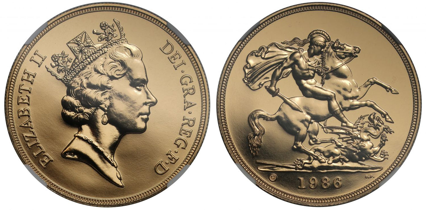 Elizabeth II 1986 gold Five-Pounds, MS69 PL