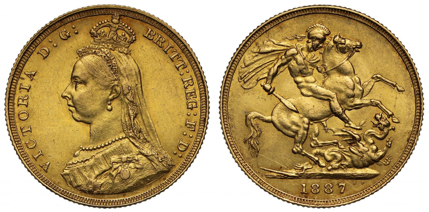 Victoria 1887 Sovereign DISH L1 first legend hooked J R5