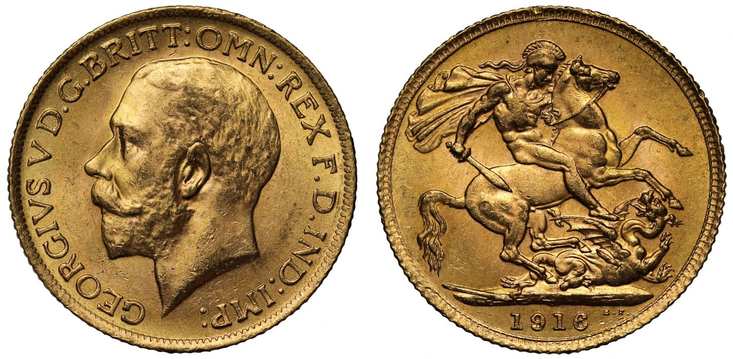 George V 1916 Sovereign, London, low mintage World War I.