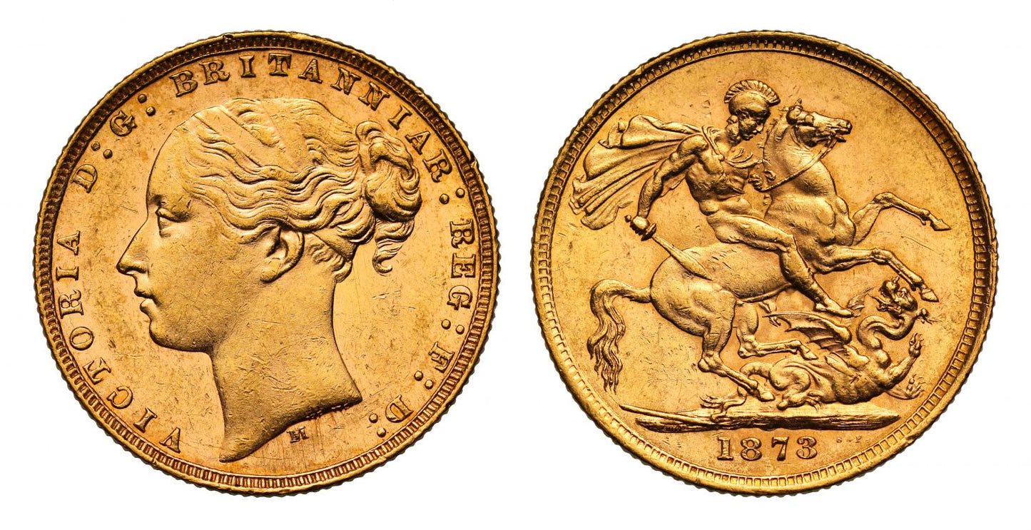 Victoria 1873 M Sovereign, raised WW incomplete, St George reverse, long tail