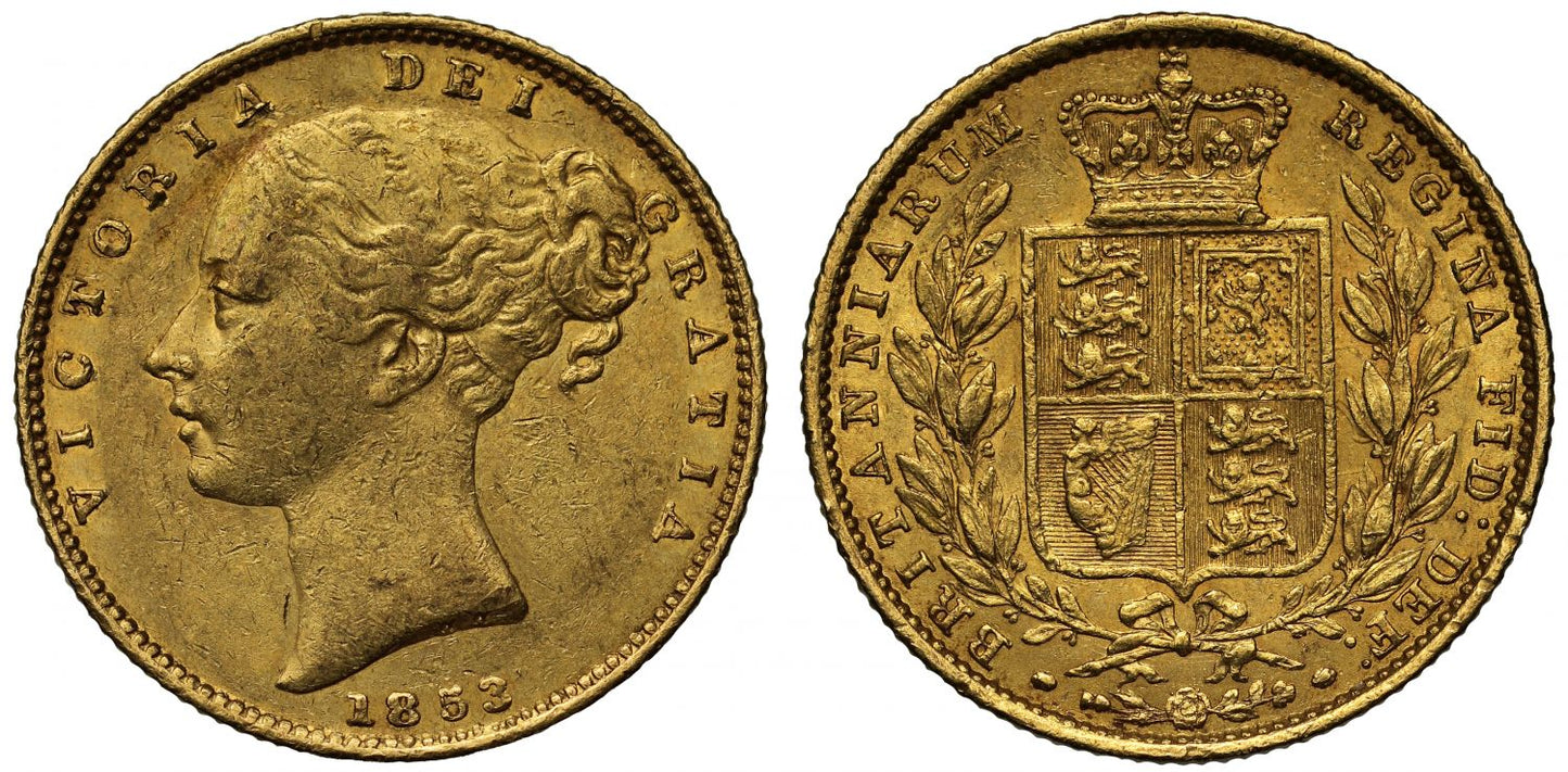 Victoria 1853 Sovereign incuse W.W. on truncation, rarer variety for date