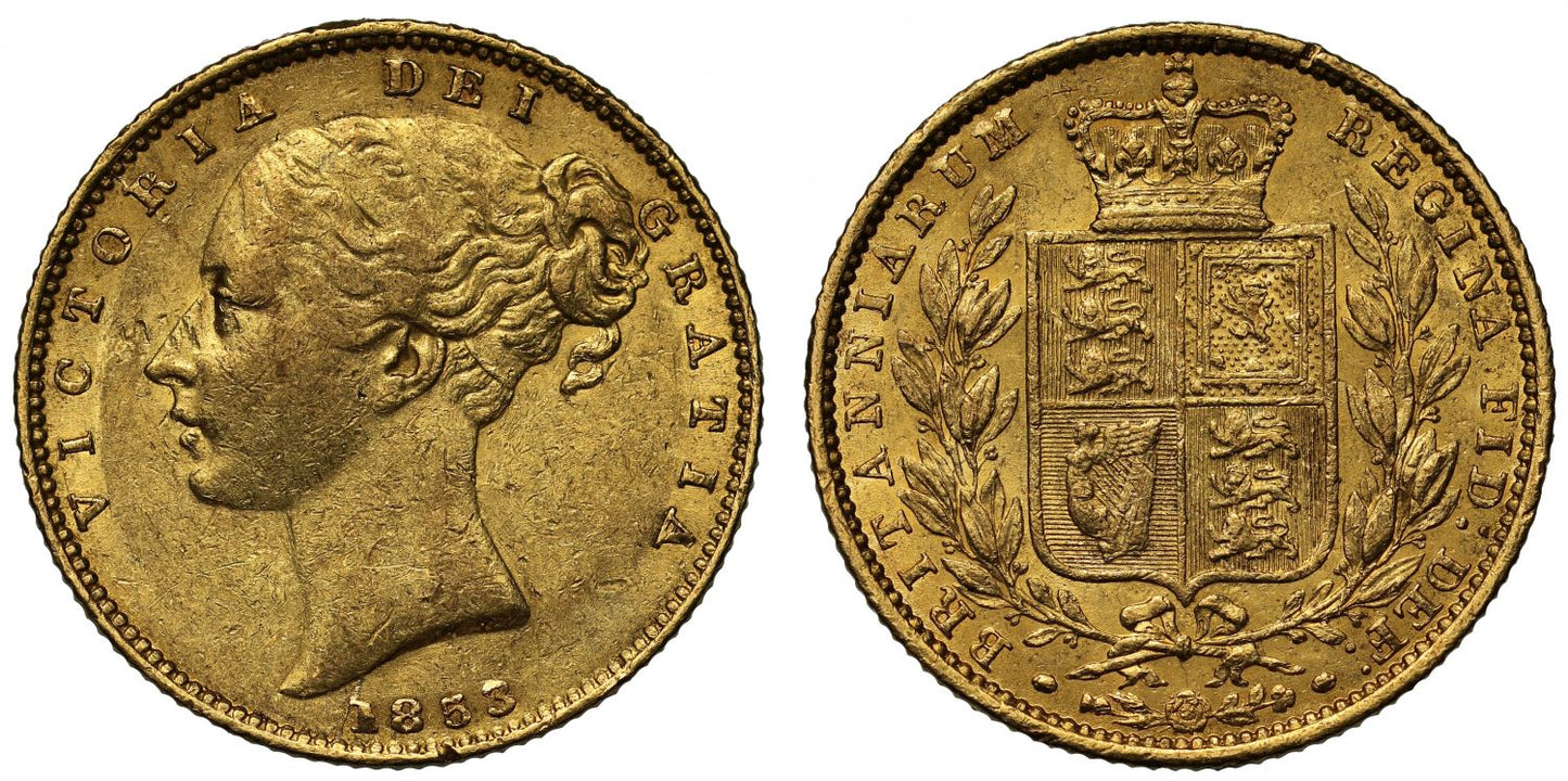 Victoria 1853 Sovereign incuse W.W. on truncation, rarer variety of date