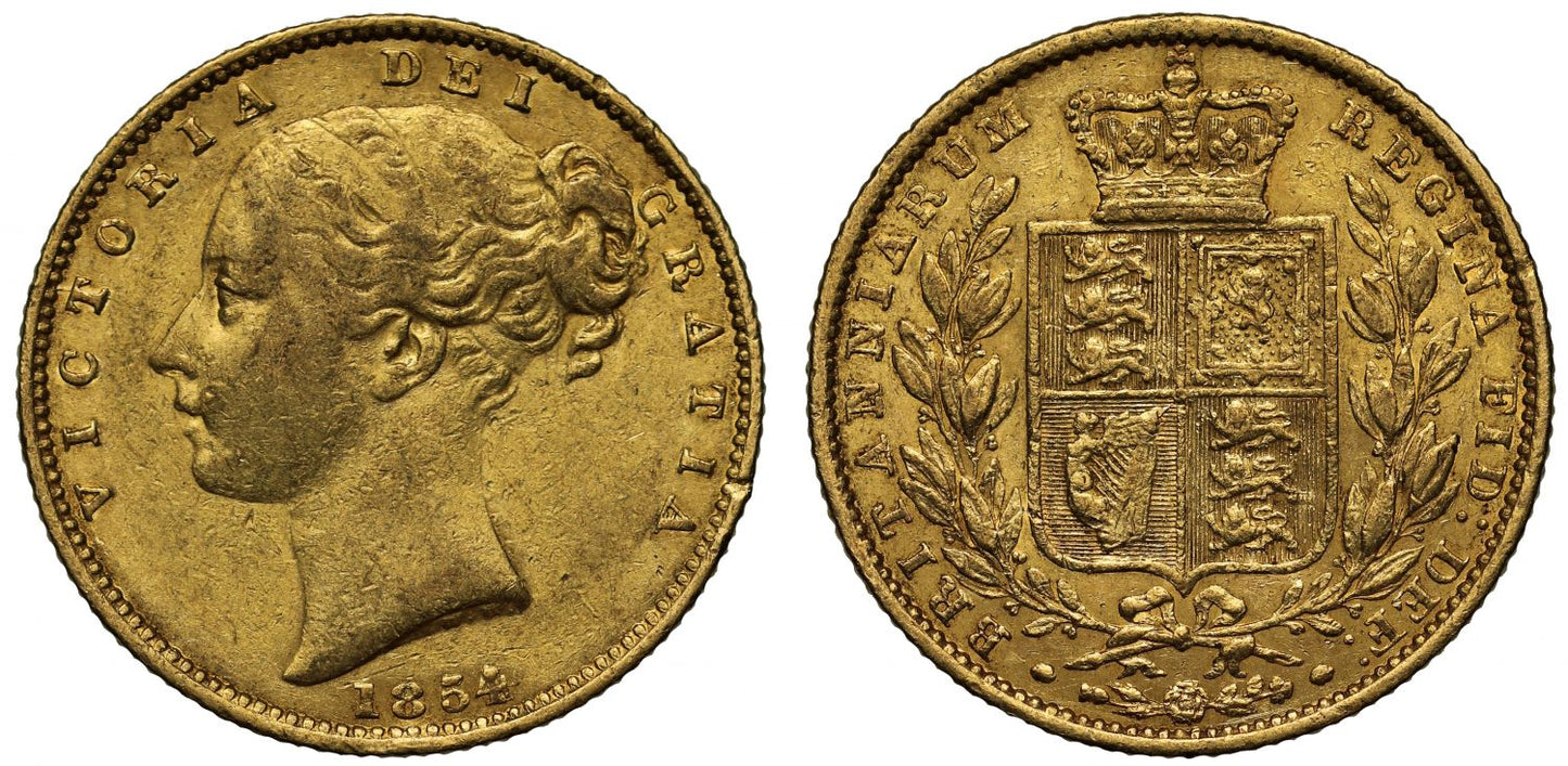 Victoria 1854 Sovereign raised W.W. on truncation, rarest variety