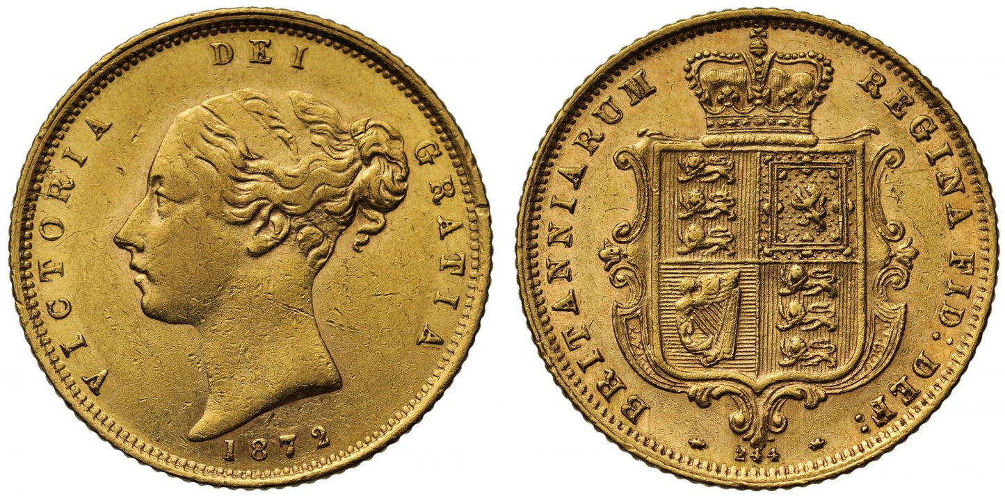 Victoria 1872 Half-Sovereign, die number 244, third young head, AU55