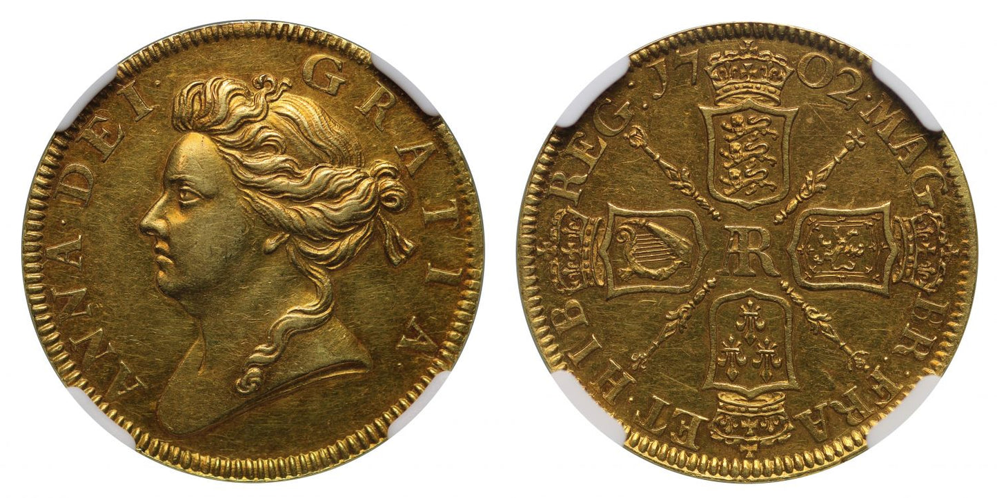 Anne 1702 Pattern Guinea, AR monogram centre, rarity R6, AU55