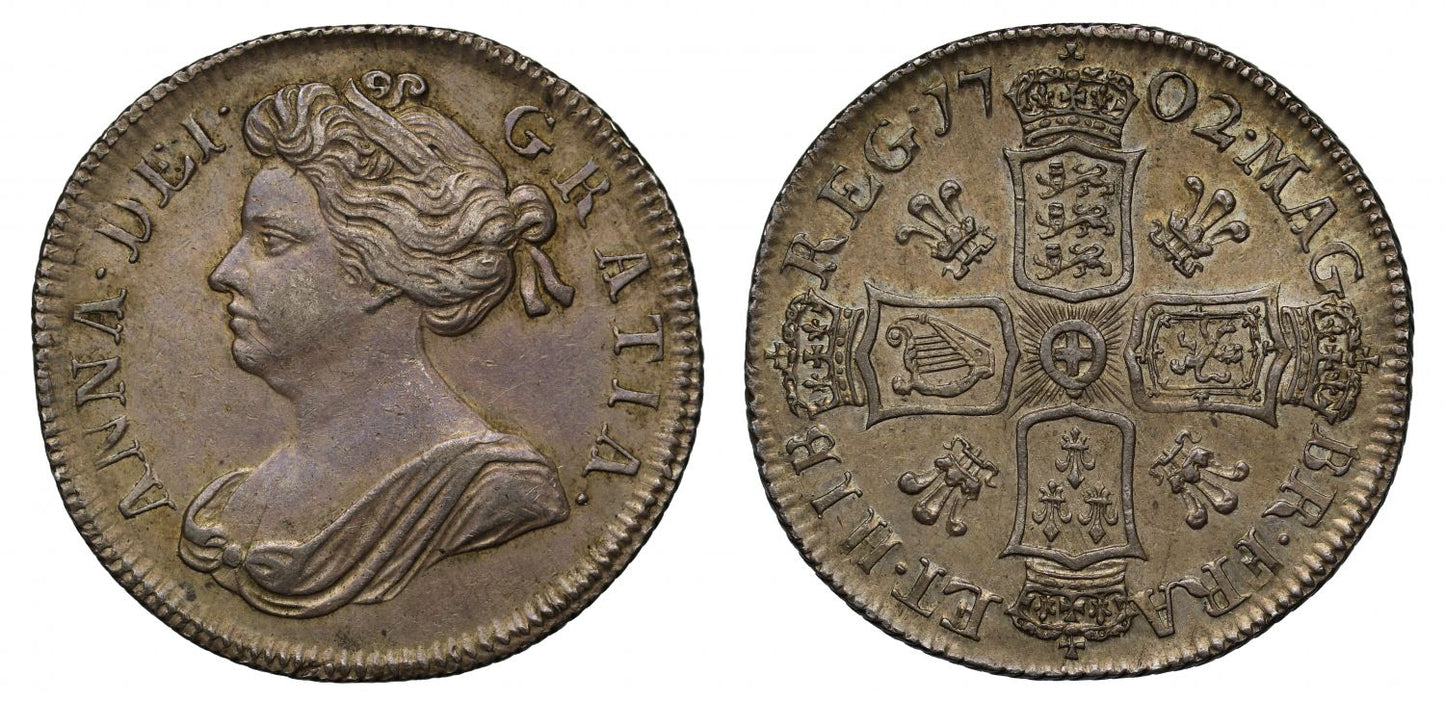 Anne 1702 Shilling, first bust, plumes reverse, struck from Welsh silver