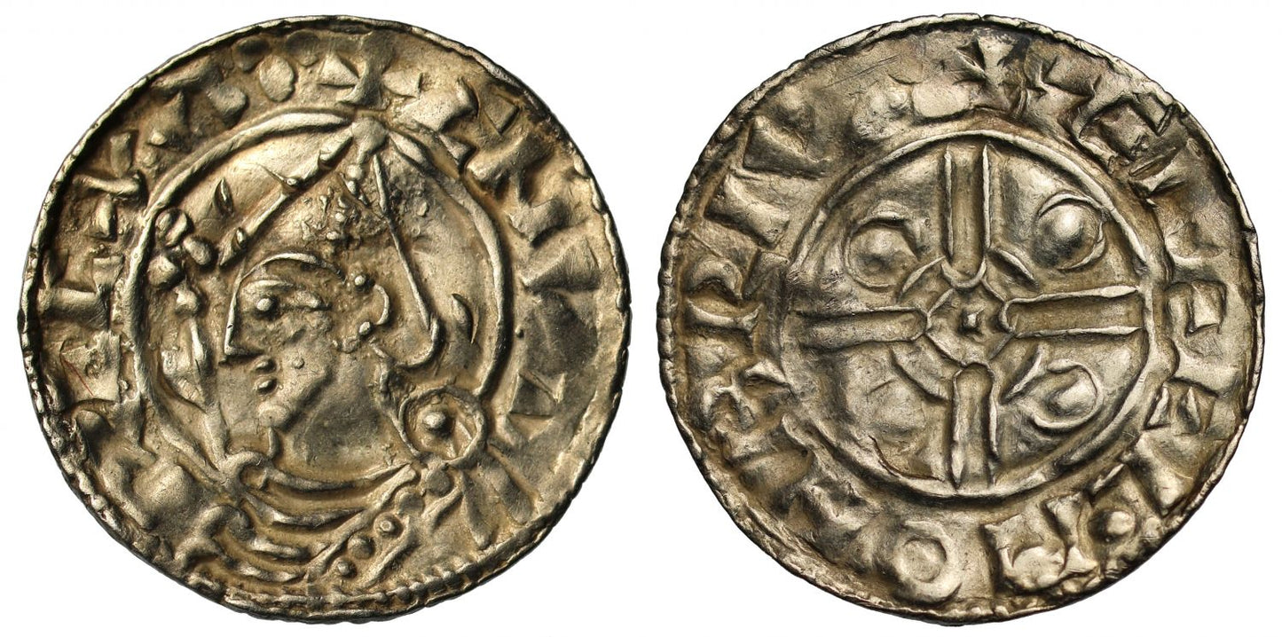 Canute Penny, Helmet type, Bruton, Aelfhelm, very rare mint