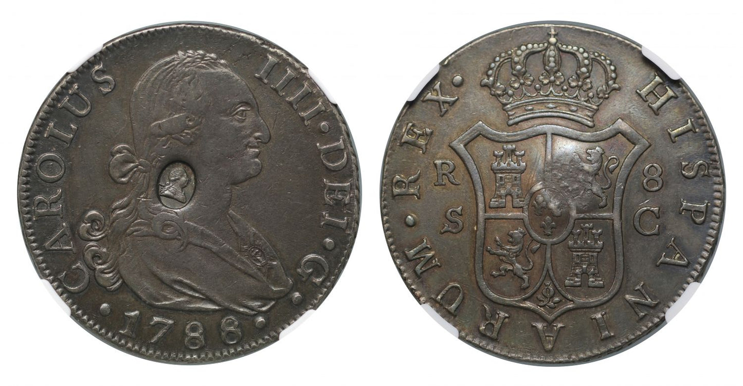 George III oval countermark on Spain 8-Reales 1788 SC Seville AU50
