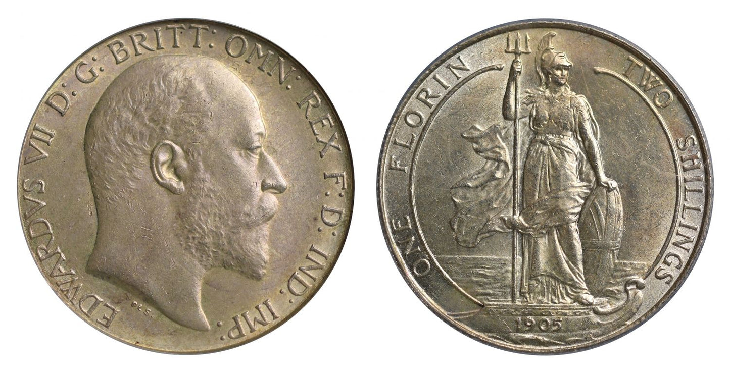 Edward VII 1905 Florin, rarest date for denomination, standing Britannia reverse
