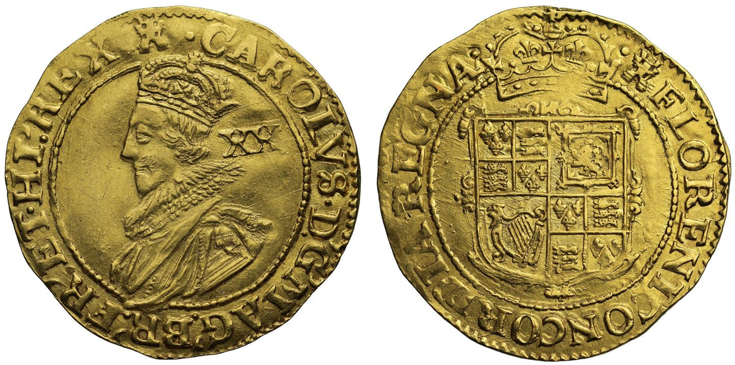 Charles I gold Unite, Tower group B, second bust, mm castle