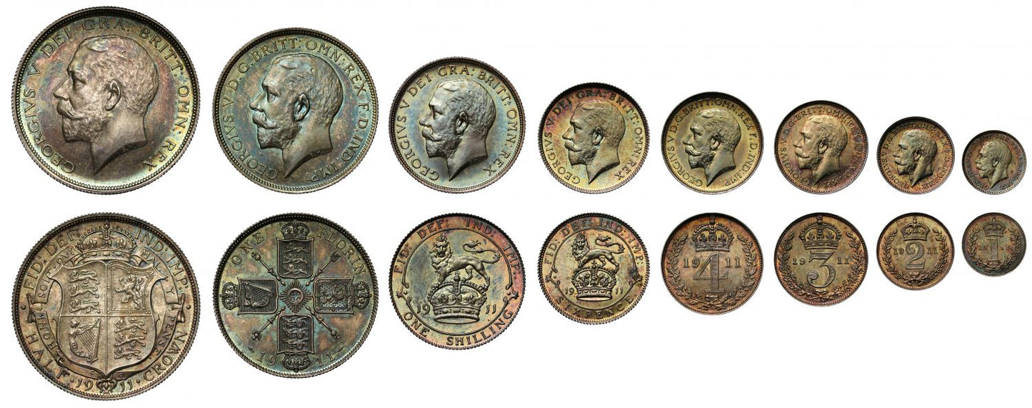 George V 1911 8-coin silver proof Set - Crown to Maundy Penny, cased