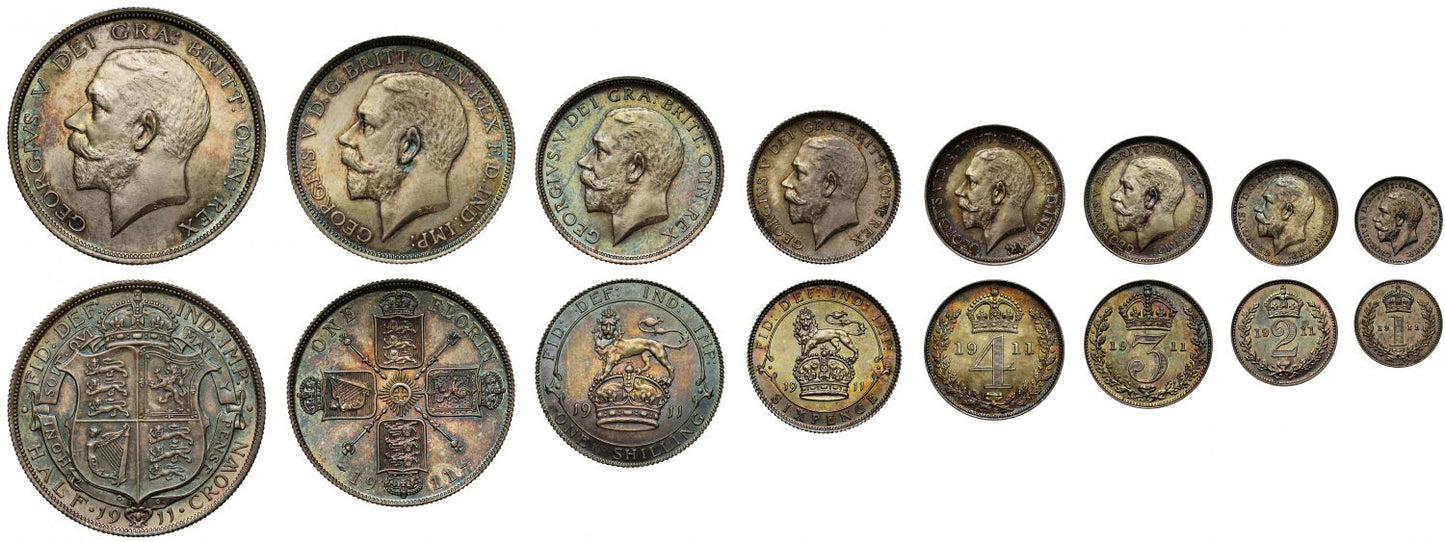 George V 1911 8-coin silver proof Set - Crown to Maundy Penny