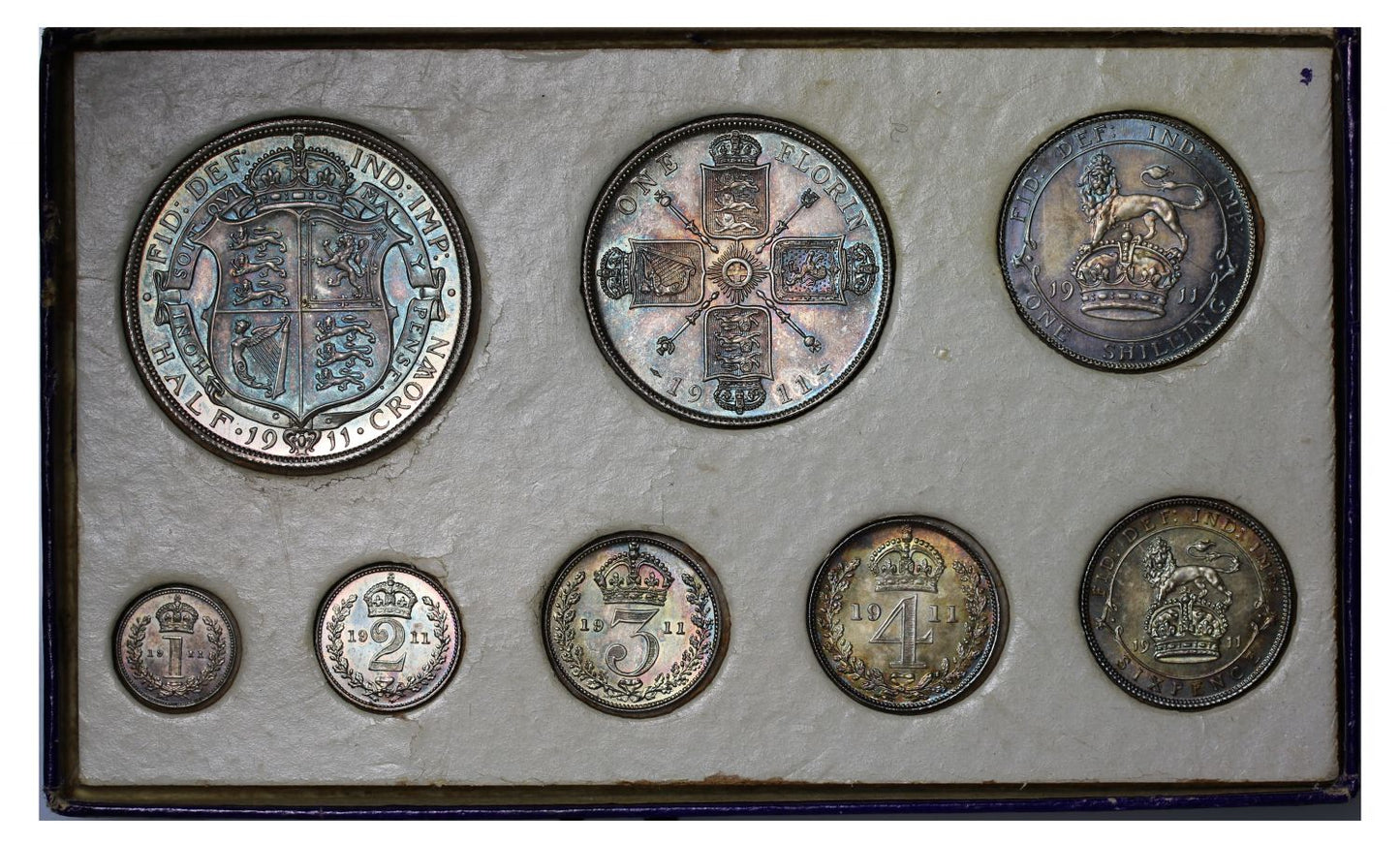 George V 1911 8-coin silver proof Set - Crown to Maundy Penny