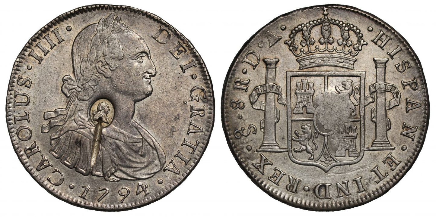 George III oval countermark on Chile 1794 DA 8-Reales, Santiago mint