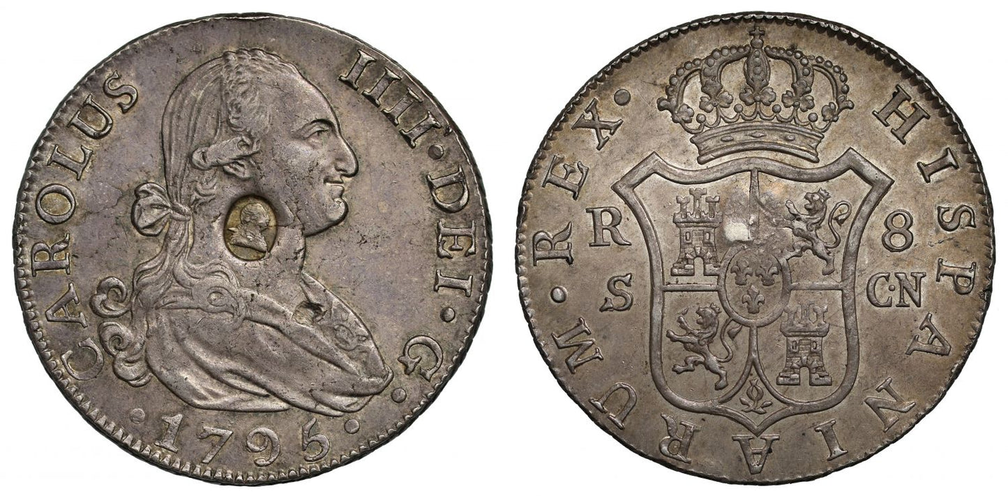 George III oval countermark on Spain 1795 CN 8-Reales, Seville mint